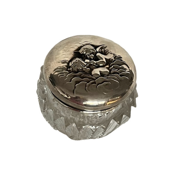 Unger Bros Crystal Powder Jar Repousse Love's Dream Art Nouveau Sterling Silver